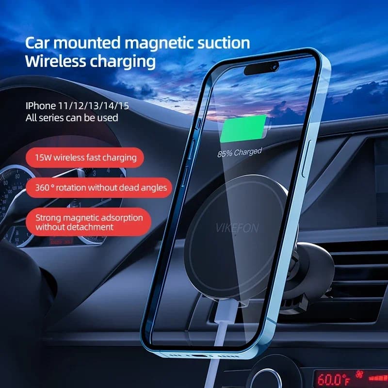 Supporto per telefono con caricatore wireless per presa d'aria auto, compatibile con Magsafe iPhone 16 15 14 13 12 Pro Max, stazione di ricarica rapida magnetica per cellulare.