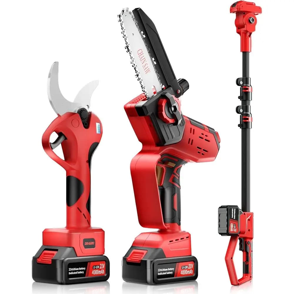Electric pruning shears 2 in 1 and 6 inch mini battery chainsaw with oil system, battery pruning machine with 6 feet high flow extension rod,