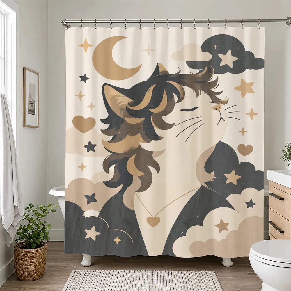 Cute Celestial Cat Shower Curtain Boho Nursery Bathroom Decor Moon Stars Watercolor Animal Print Shower Curtain