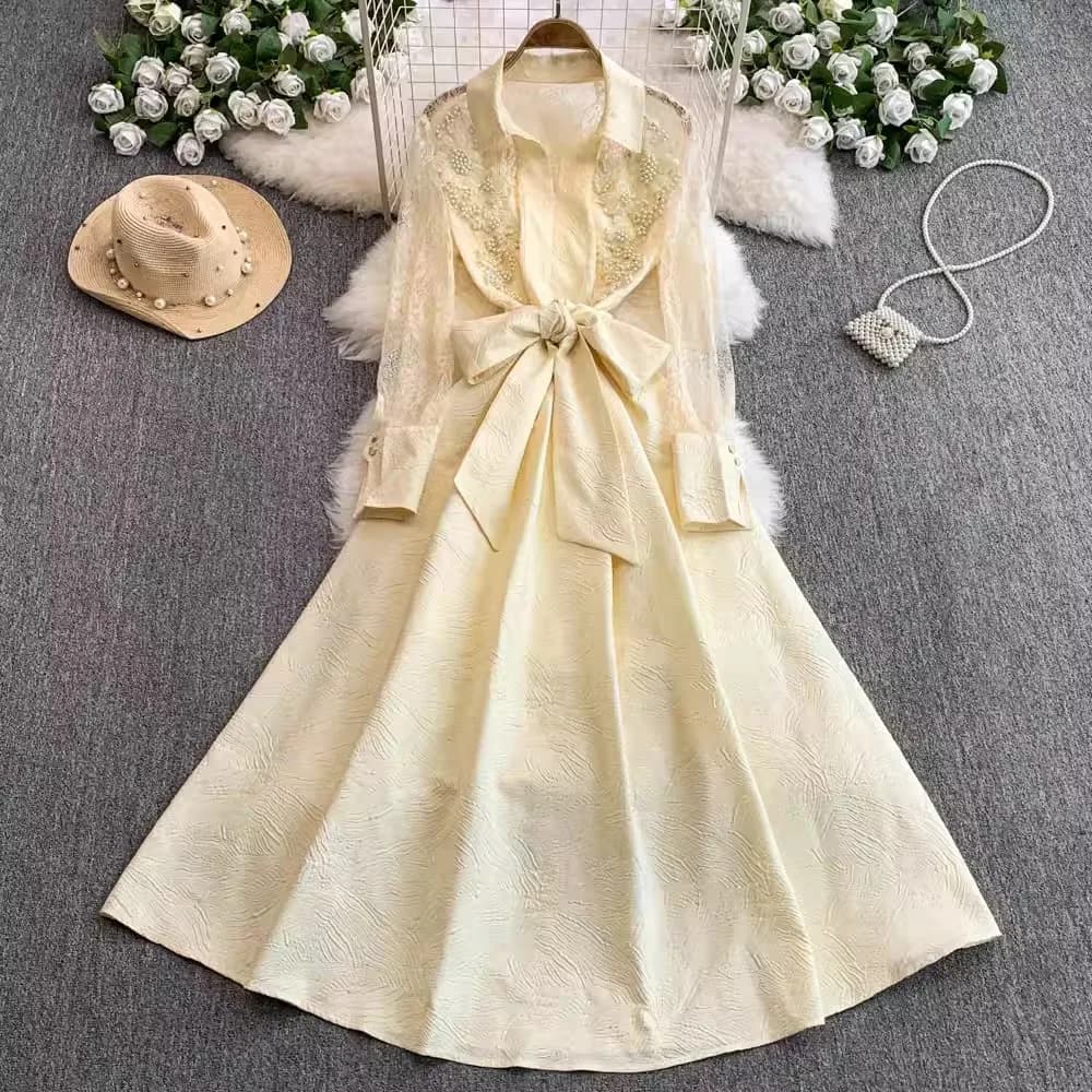 Abito francese elegante con perline in pizzo ricamato a fiori Abito da donna con volant Perle Cintura monopetto Abiti da sera per feste