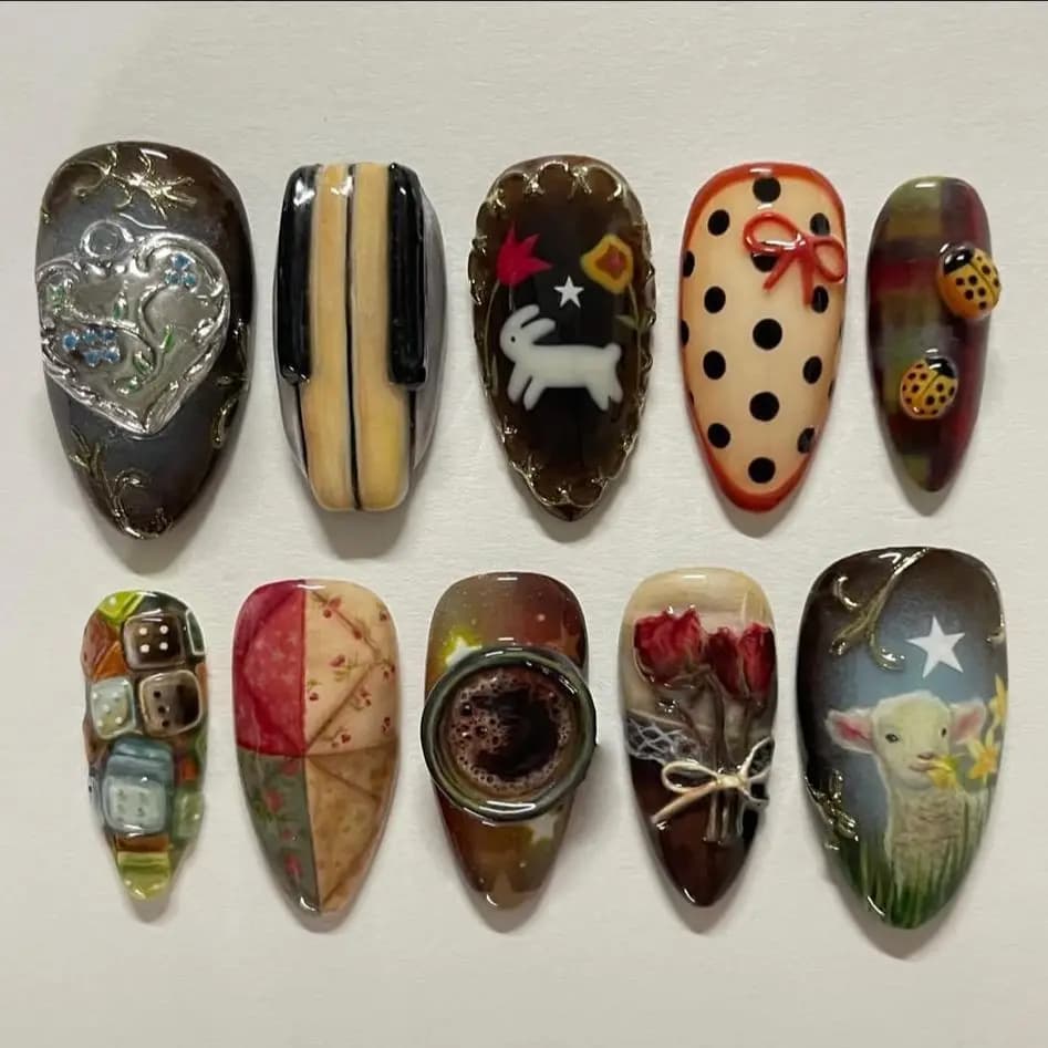 24 pieces of fake country style vintage cute cartoon small lamb pink rabbit printed print on nails wave point arches fake nails