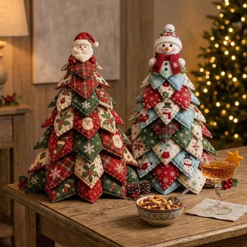 Vintage Style DIY Quilted Christmas Tree Kit Beginner‑Friendly Handcraft 3D Tabletop Christmas Sewing Kit Santa Claus Girl