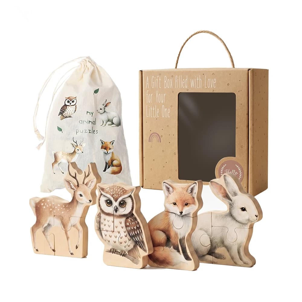 Puzzle in Legno per Bambini con Manopole, Set da 4 Animali (Coniglio, Gufo, Cervo, Volpe), Facile da Afferrare, Giocattolo Montessori per Bambini, Regalo Educativo per Compleanno