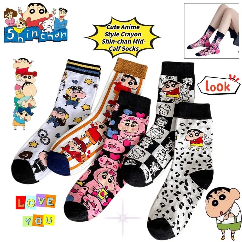 Anime Cartoon Crayon Shin-chan Printed Socks Novel and Creative Breathable Cotton Mid-Tube Socks for Outerwear Personality