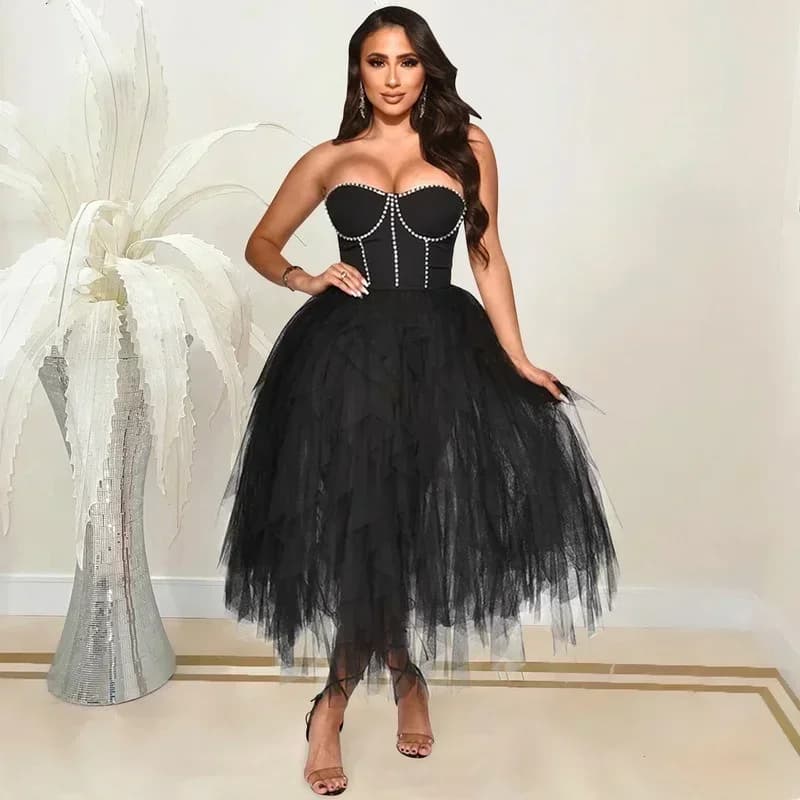 GUWU Abito da ballo con strass per donna, abito estivo in rete glamour, abito sexy da festa, abbigliamento per occasioni speciali