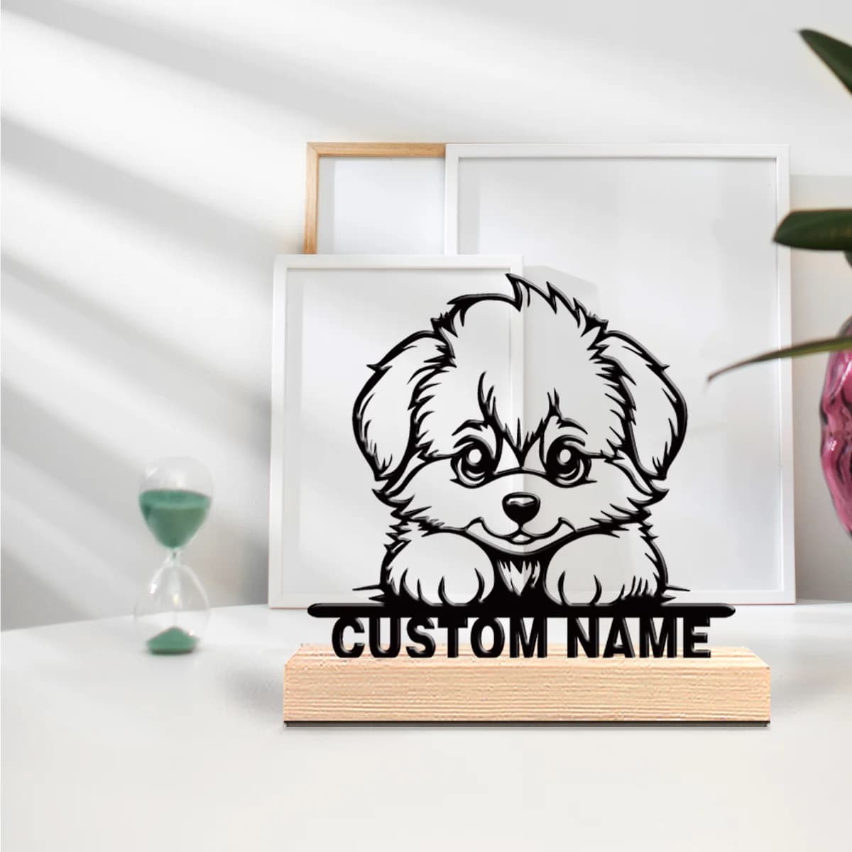 Custom Metal Puppy Statue with Wood Base, Table Decoration, Work Desk Art with Botanical Base in Wood for Nature Lovers