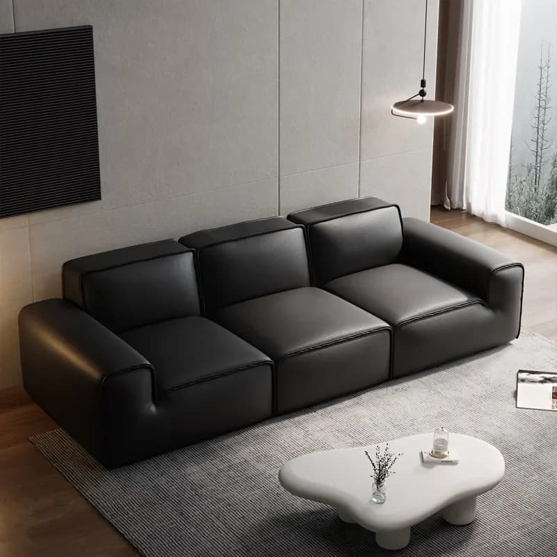 for Big Black Cow Italian Minimalist All Leather Sofa Straight Row Villa Tofu Block Office Living Room Large First Layer