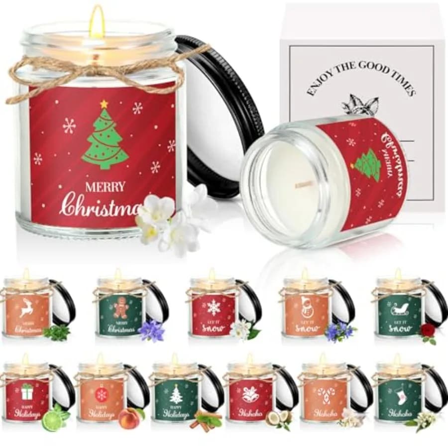 Set di 12 Candele Natalizie Profumate in Barattolo, Regalo per Colleghi e Donne, Candele Aromaterapiche per Casa, Regali di Natale e Compleanno