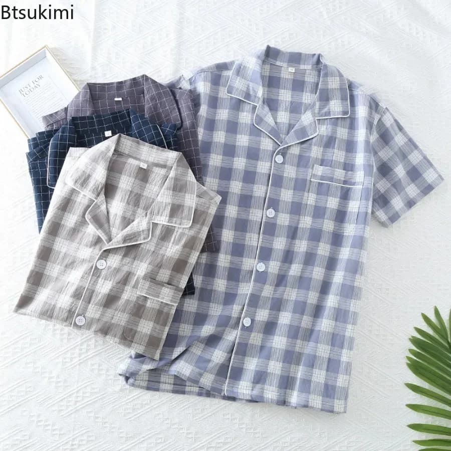 2026 Men's Casual Cotton Short Sleeved Sleep Tops 100% Cotton Gauze Crepe Pajamas Large Size Loose Home Service Female Homewear