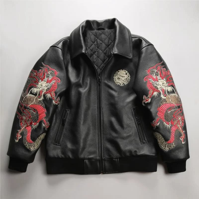 Men's leather with a ten-thousand-needle embroidered dragon collar fat and large-sized yellow cowhide baseball