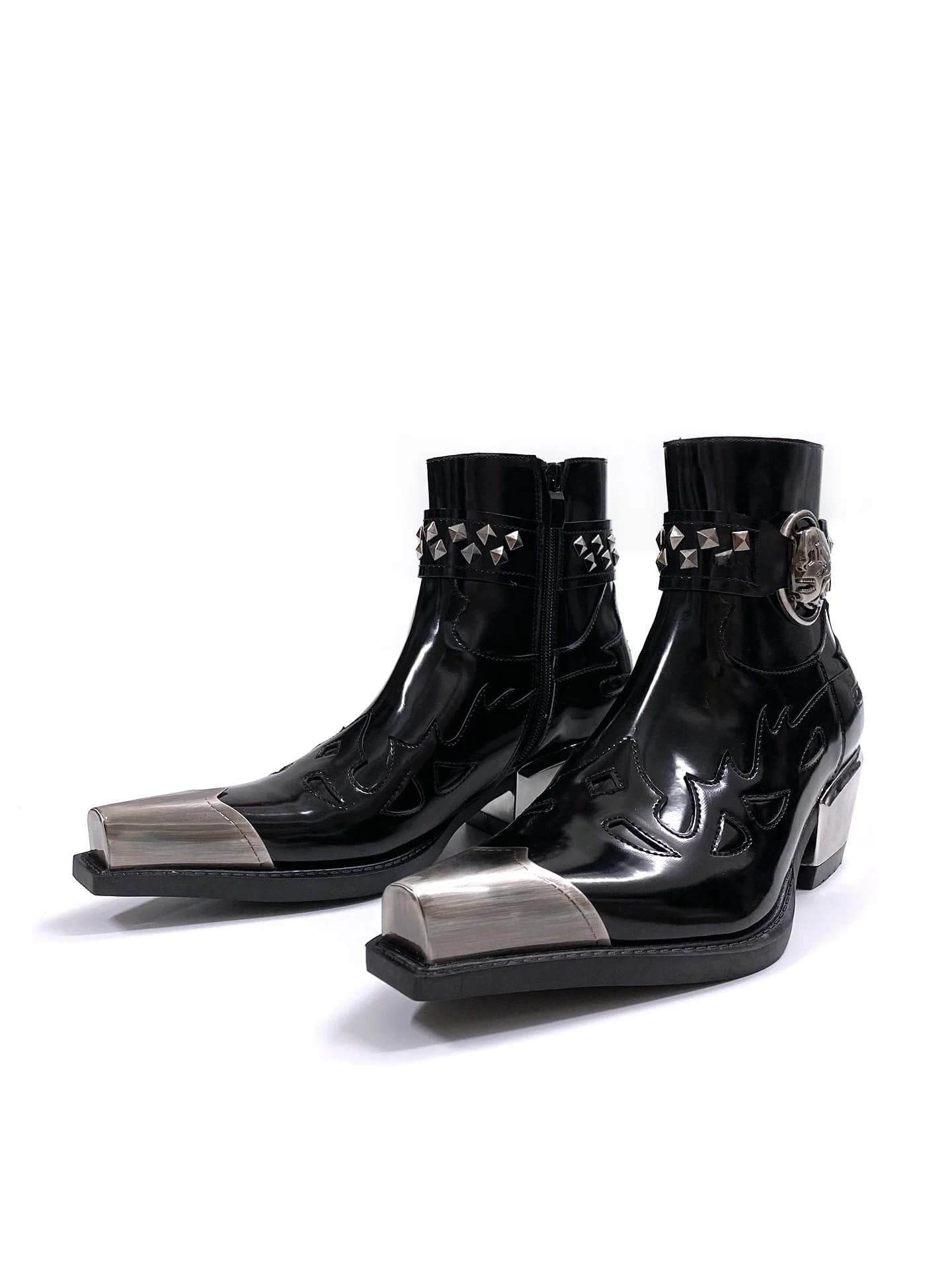 Unique Design Boots Men's Stylish Short Boots Thick Heel Heightening Women's Boots Pointed Toe Metal Punk Chelsea Boots