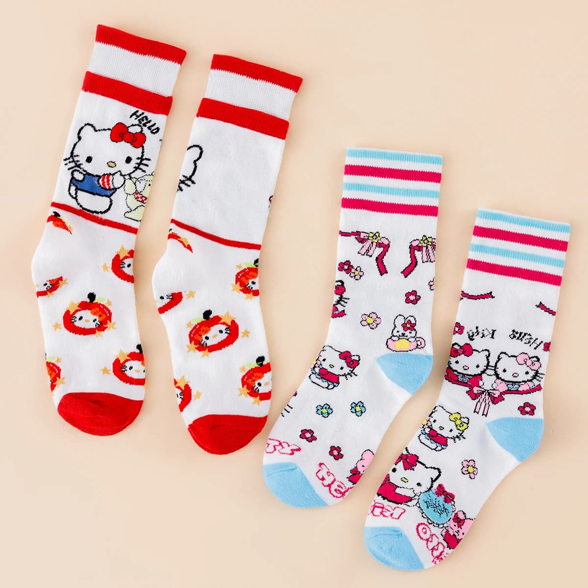 2 Pairs Of Hello Kitty Children's Socks, Cute Cartoon Print, Elastic And Comfortable Mid Tube Socks, Suitable For Little Girls