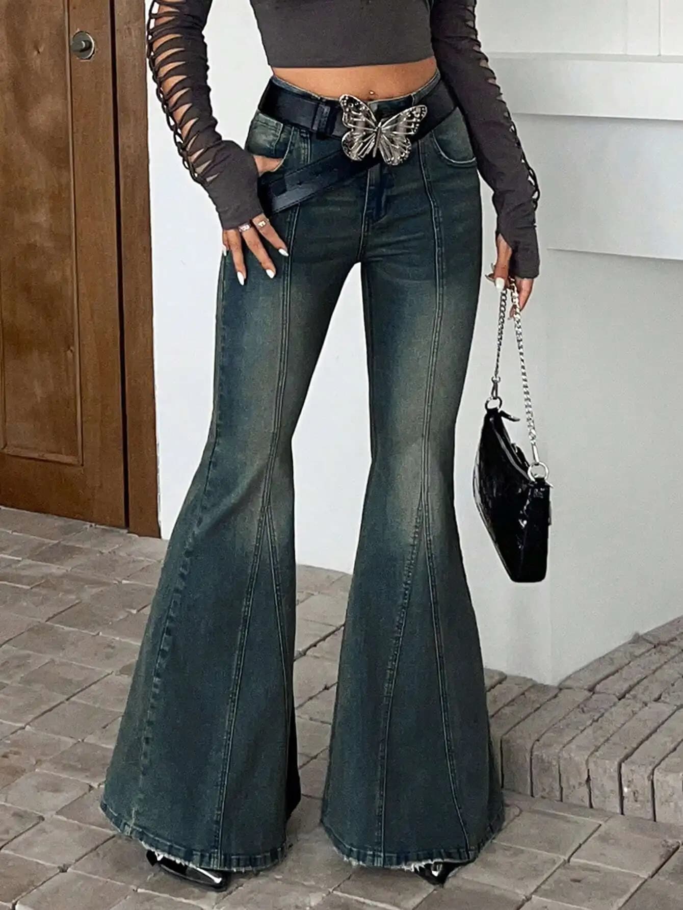 Women's High Waist Jeans With Ribbed Hem, Casual Denim Pants for Streetwear Style