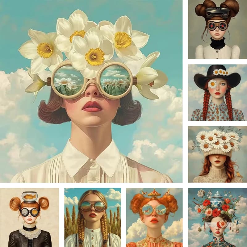 Dreamy Mysterious Girl Aesthetic Art Canvas Painting Surrealism Flowers Girls Posters Prints Morden Room Home Decor Mural
