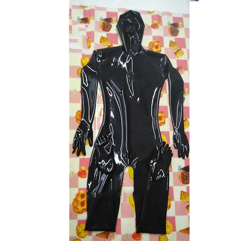 Catsuit da uomo in lattice naturale sexy in gomma con cappuccio, calzini, guanti con cerniere posteriori