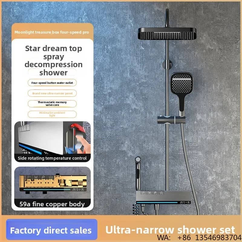 All-copper Modern Minimalist Gun Gray Square Shower Head Thermostatic Hot/Cold Shower Spray Massage Rain Shower Digital Display