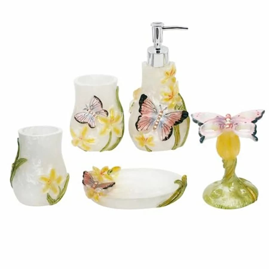 Set Decorativo per Bagno con Motivo a Farfalla Include Bicchieri Portasapone Dispenser per Shampoo e Sapone Liquido per il Corpo T