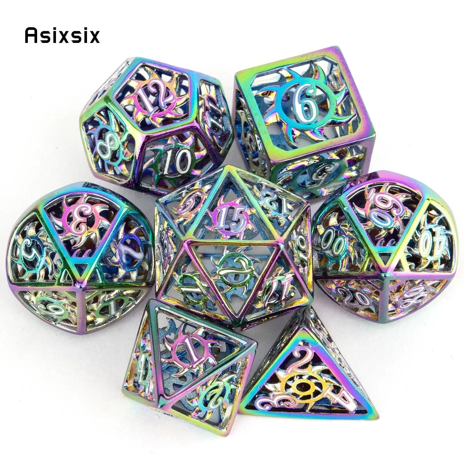 Set di 7 Dadi Metallici Colorati a Forma di Ciclone, Dadi Poliedrici in Metallo Cavo Adatti per Giochi di Ruolo, RPG, Giochi da Tavolo e Giochi di Carte