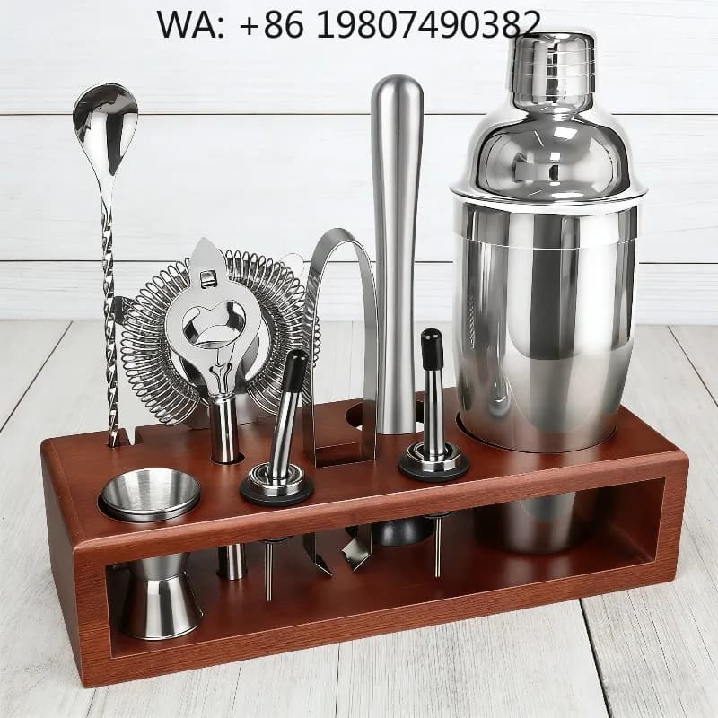 10Pcs Stainless Steel Bartender Kit 750ml Cocktail Shaker Full Mix Tools With Natural Bamboo Stand For Bar Party Gathe