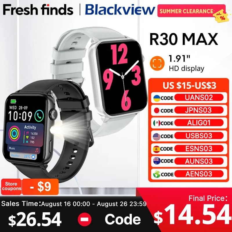 【Estreno mondiale】Blackview R30 Max Smartwatch 1.91" Bluetooth Chiamata telefonica Torcia 350mAh Al Assistente vocale Orologio sportivo