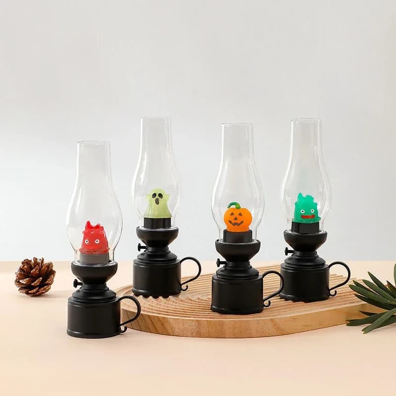 Luce notturna a led senza fiamma Halloween Lampada decorativa retrò a lume di candela Cartoon Anime Lampada a cherosene Lampade da tavolo deco da comodino per camera da letto