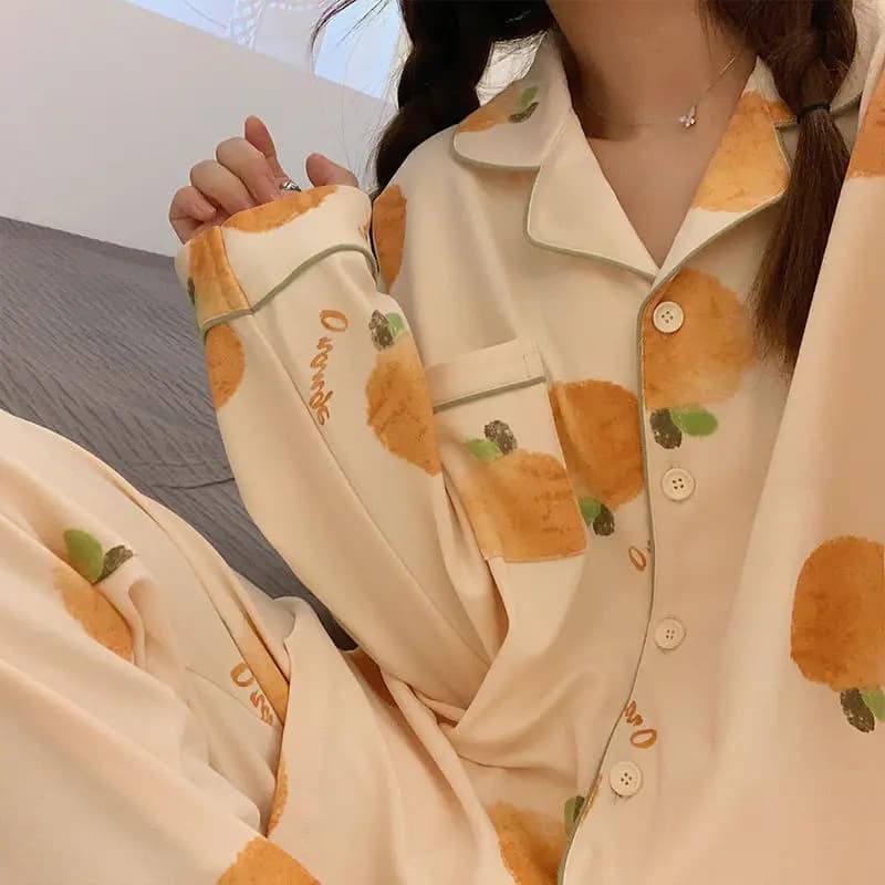Women's casual pajamas Cartoon Set casual sweet long sleeve pajamas women's pajamas set with reversed collar