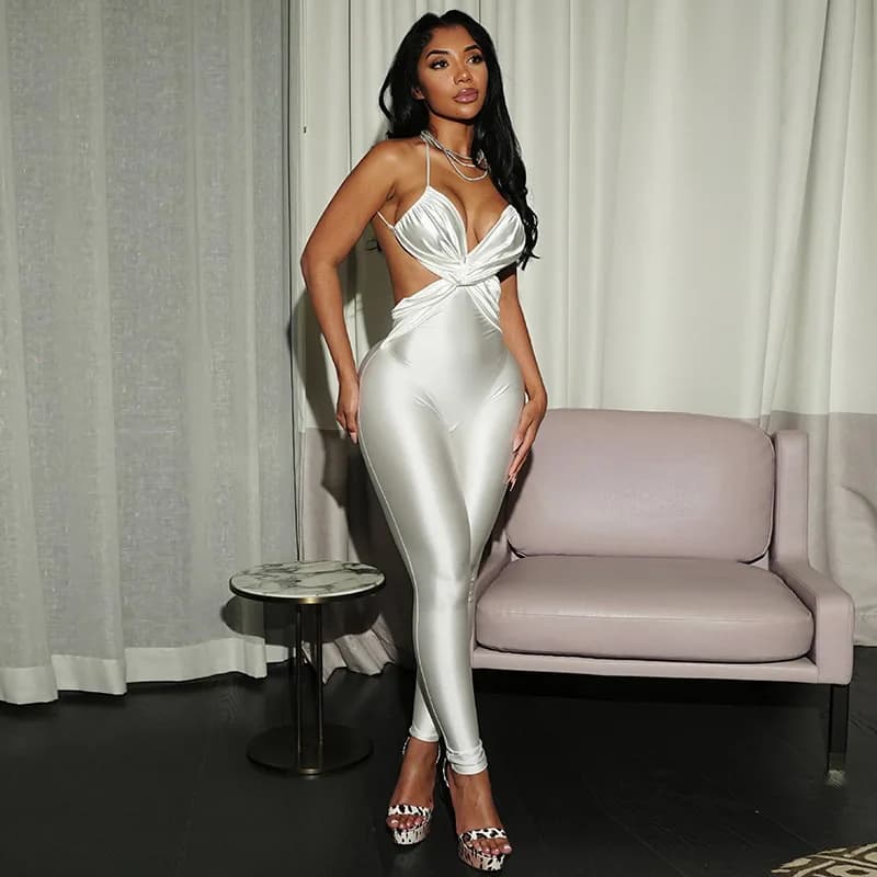 DSMTRC Salopette skinny setosa senza schienale con fasciatura sexy e stupefacente Tute a pieghe incrociate da donna Summer Party Clubwear One Piece