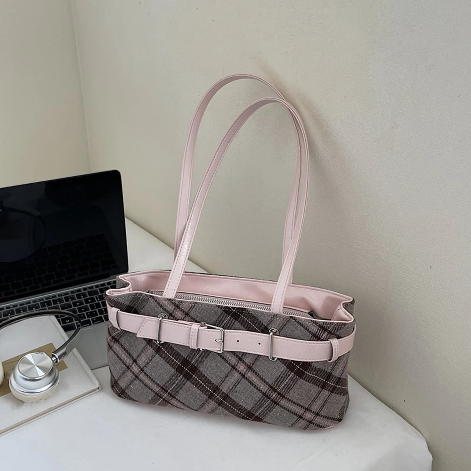 Borsa a Tracolla in Tela a Quadri per Donne e Ragazze con Cerniera, Borsa a Spalla Singola per Lavoro e Uso Quotidiano