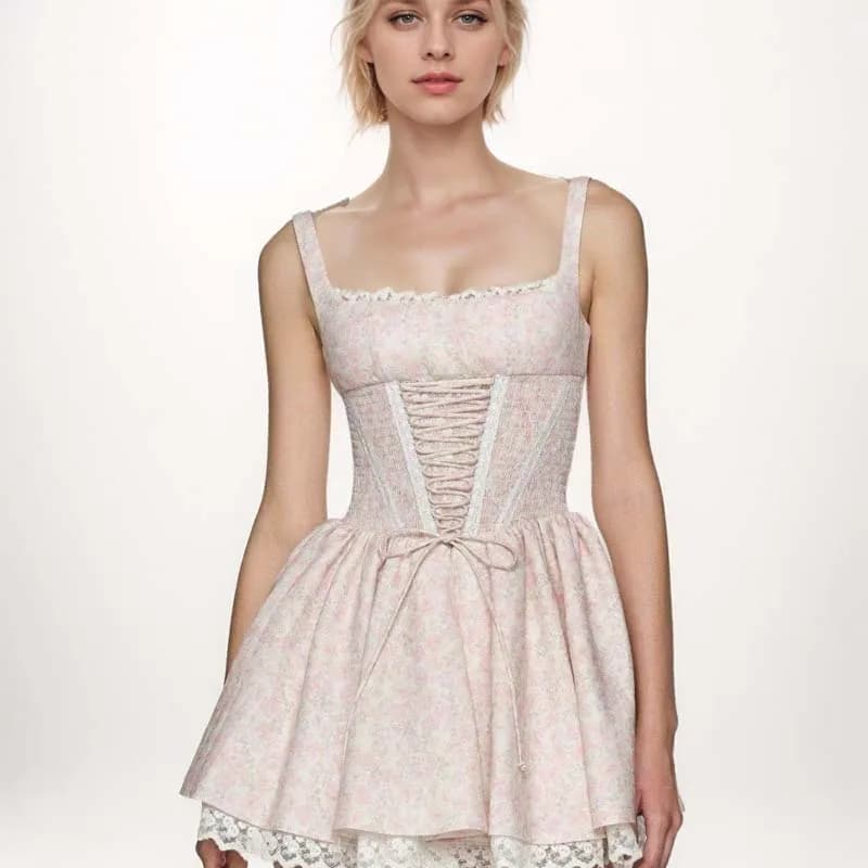 YENKYE Donne Eleganti Stampa Floreale Principessa Sling Mini Abito Fasciatura Frontale Patchwork di Pizzo A-line Abito Estivo Festa di Festa Veste