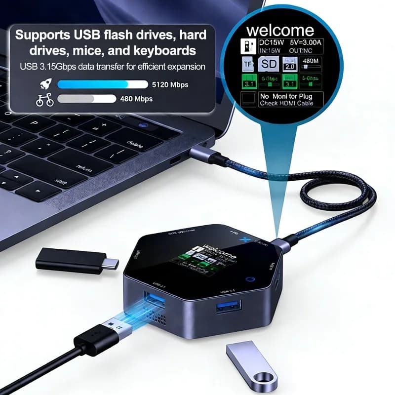Dock di espansione multiporta 8 in 1 con display intelligente 4K 60Hz, ricarica PD, estensore USB, hub USB in lega di alluminio, docking station.