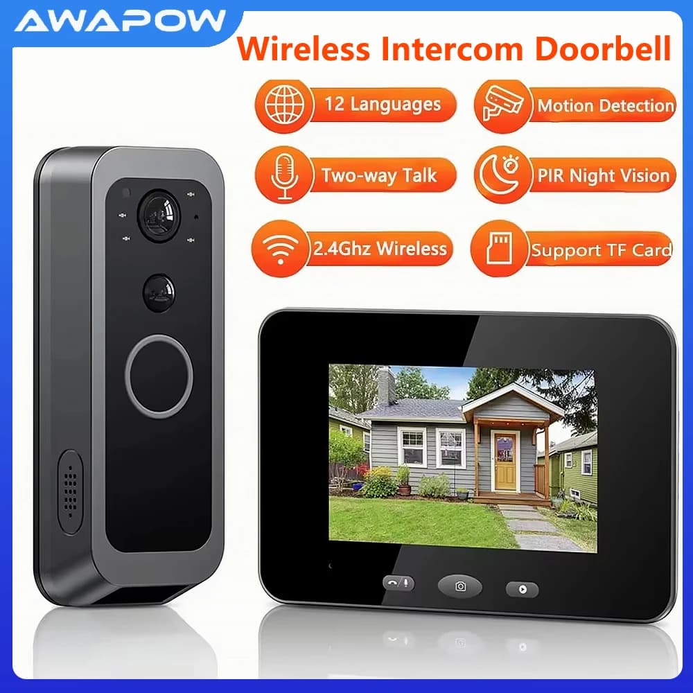 Awapow Videocitofono senza fili Campanello Sicurezza domestica intelligente Telecamera per porte Rilevazione movimento Non è necessaria WiFi