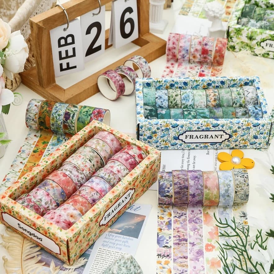 18pcs Fragrant Series Washi Tapes Set, Blooming Flower Masking Tape Simple and Plain Floral Pattern, Decoration Stickers A3036