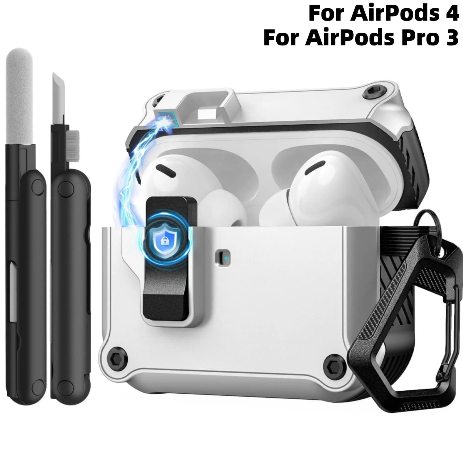 Per Airpods Pro 3/4 Custodia con blocco sicuro Clip Custodia protettiva pop-up automatica a caduta completa per AirPods 4/Pro 3 con kit di pulizia