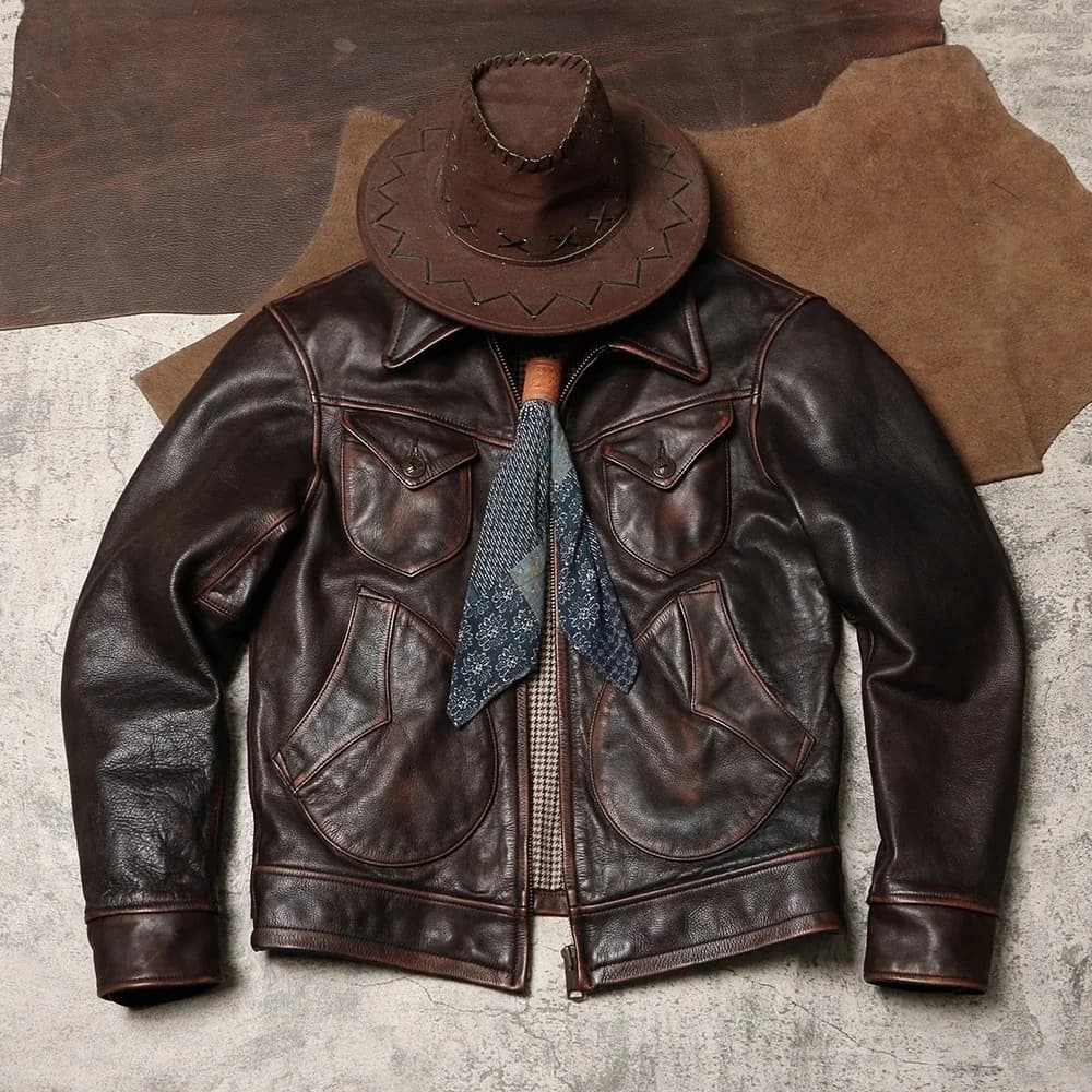 Giacca invernale in pelle marrone scuro da uomo stile vintage taglie forti 5XL Cappotto in vera pelle di vacchetta spessa naturale con colletto rovesciato