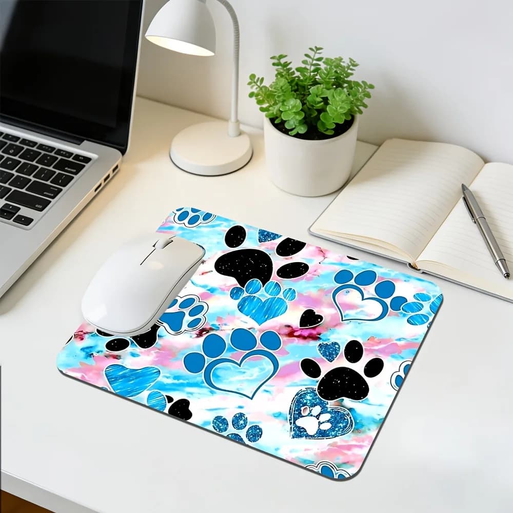 Tappetino per Mouse in Gomma con Stampa di Zampa Blu e Motivo a Cuore, Tappetino da Scrivania per Gaming, PC, Casa, Ufficio, Postazione di Lavoro