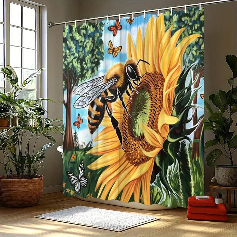 Tenda da doccia 1 pezzo con ape e girasole - Farfalle Arte botanica, Poliestere, 70,8x70,8 pollici, 12 ganci, Elegante arredamento per il bagno