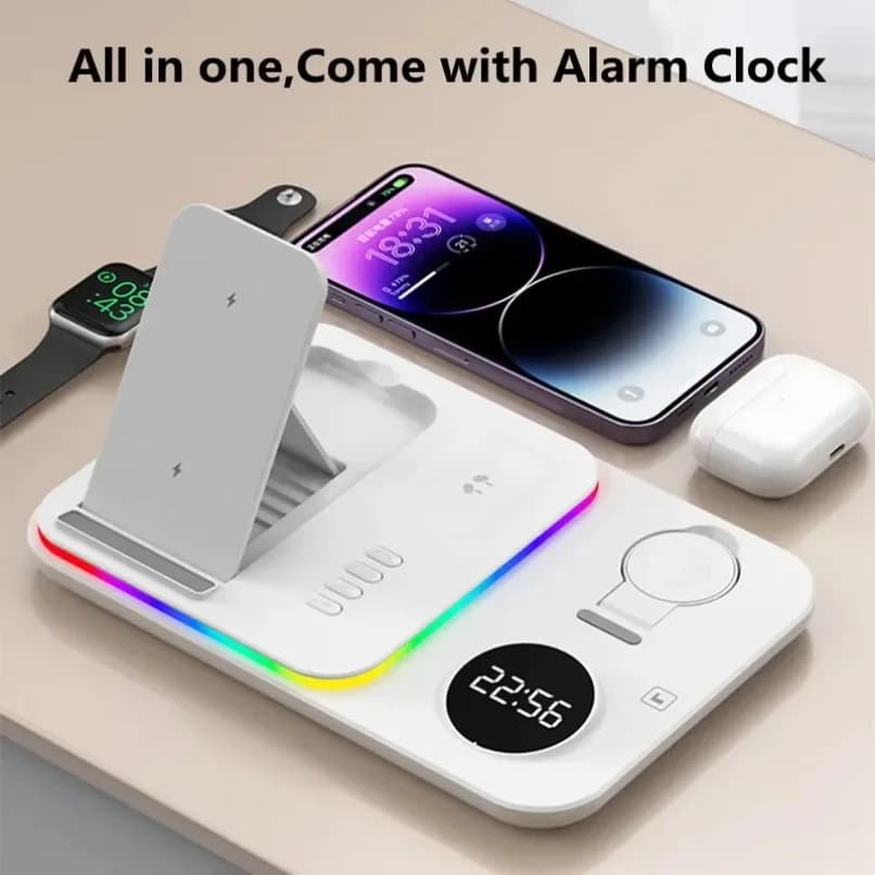 5 in 1 Wireless Charging Station with Digital Clock RGB Light Fast Charger Stand For iPhone 17 16 Pro Max Samsung Watch AirPods
