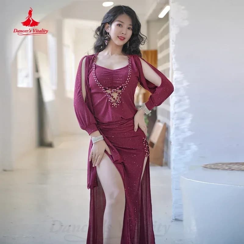Costume da danza del ventre per donna Shaabi Balai Saidy Abbigliamento maniche lunghe Abito + cintura Vestito da palcoscenico per danza del ventre orientale da ragazza