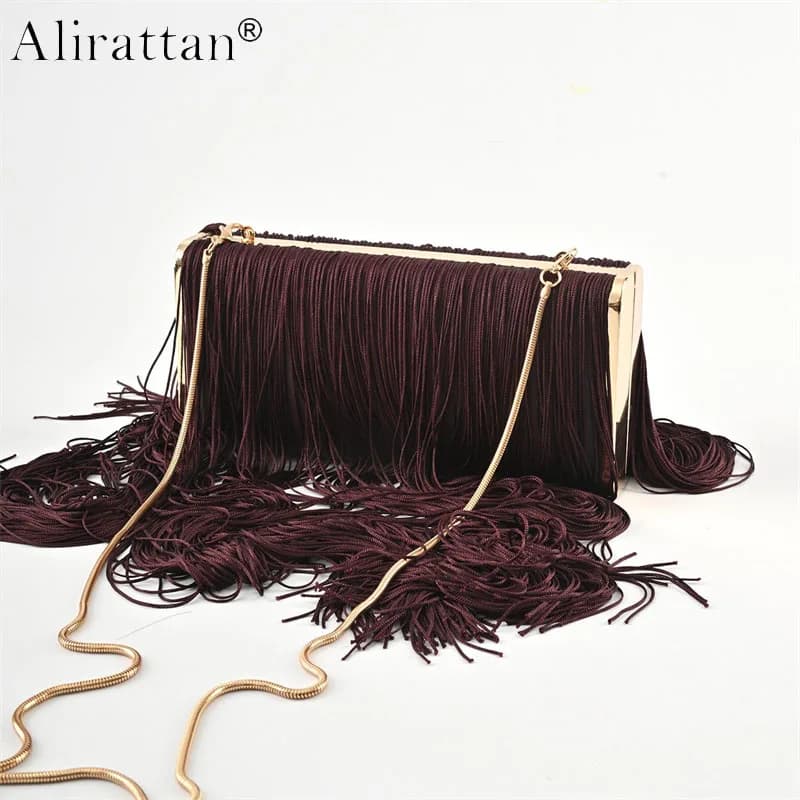 New Long Tassel Handmade Evening Clutch Bag,Women Luxury Metal Frame Wedding Party Purses Chain Shoulder Crossbody Bag