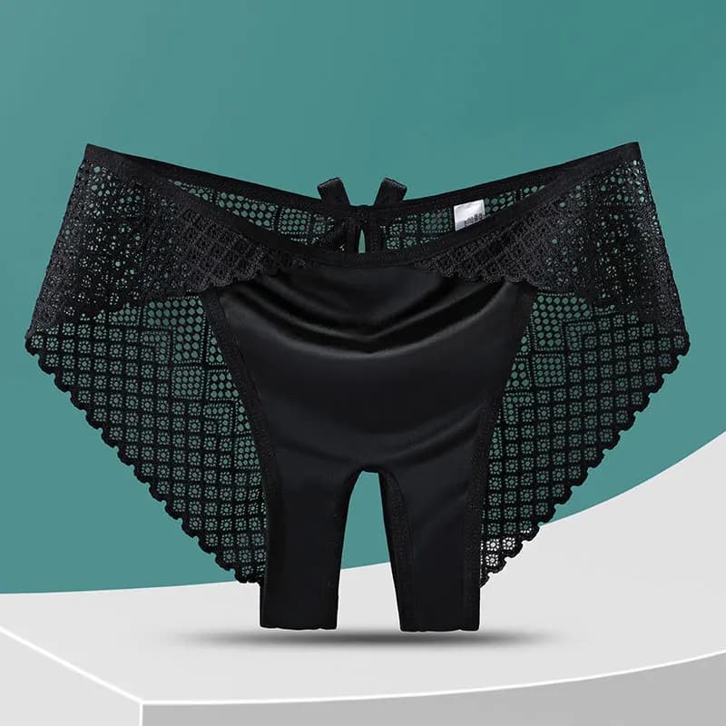 Women Sexy Open Crotch Underwear High Elasticity Low Waist Panties Bow Hollow Out Grid No Need to Take Off Thin Soft Breifs
