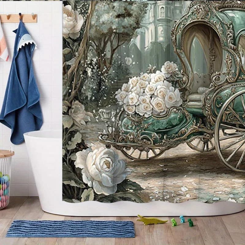 Tenda da doccia incantata con fiabe - Carrozza verde dorato e rose bianche, poliestere, 70,8x70,8 pollici, lavabile in lavatrice