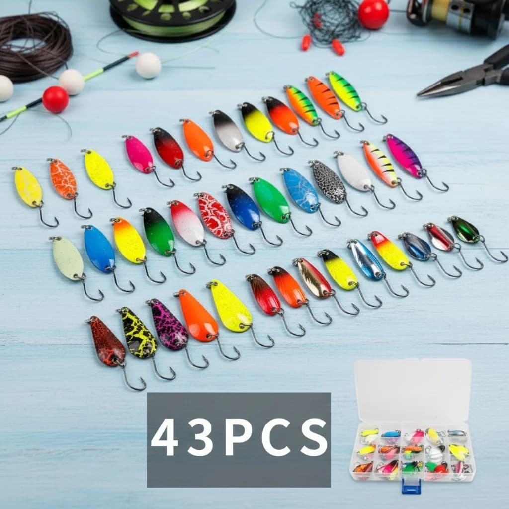 Set of fishing baits with metal spoon 43 pieces/12 pieces Kit for trout equipment with spinner with sequins