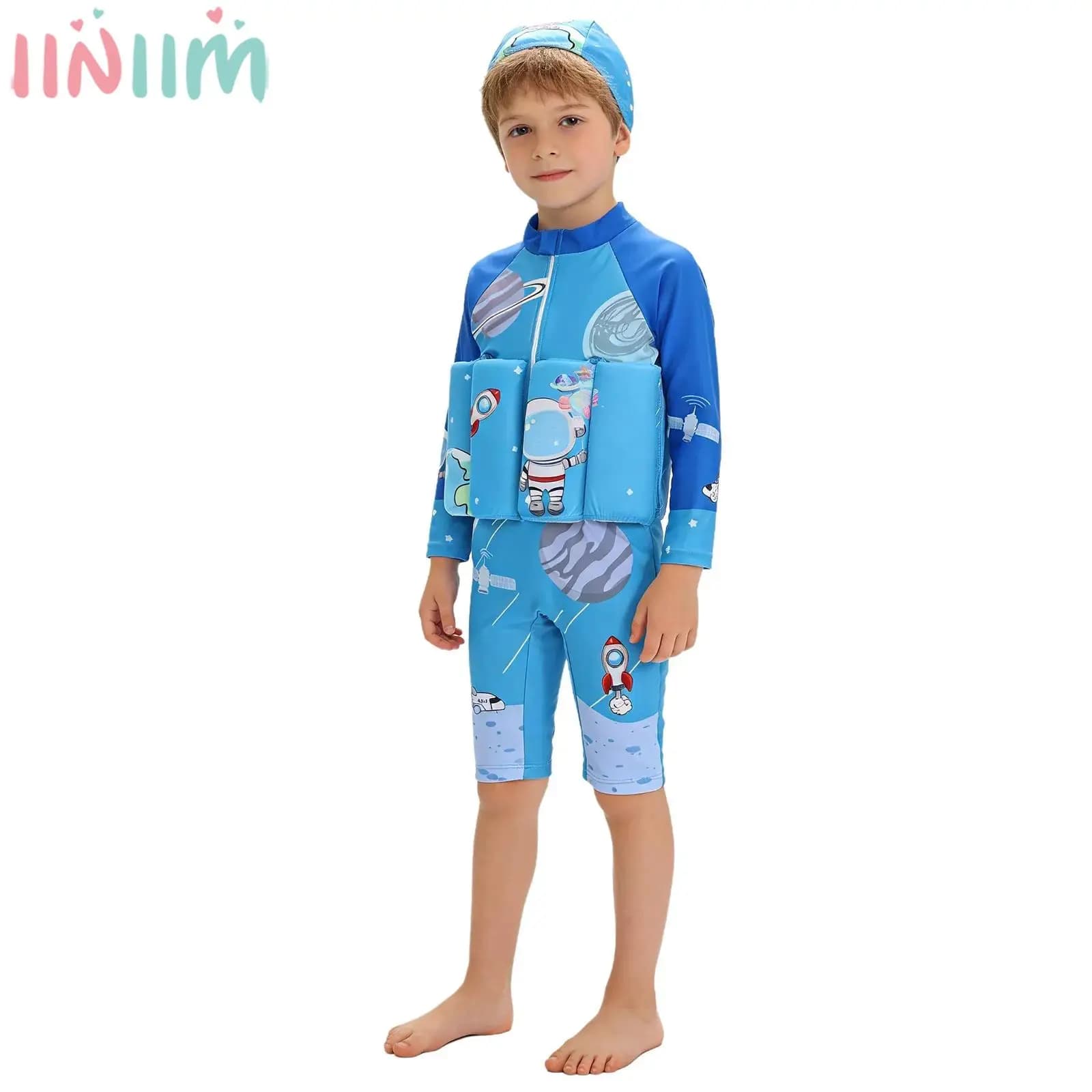 Long sleeve float swimsuit for kids and girls with swim hood, floating suit for pool and beach