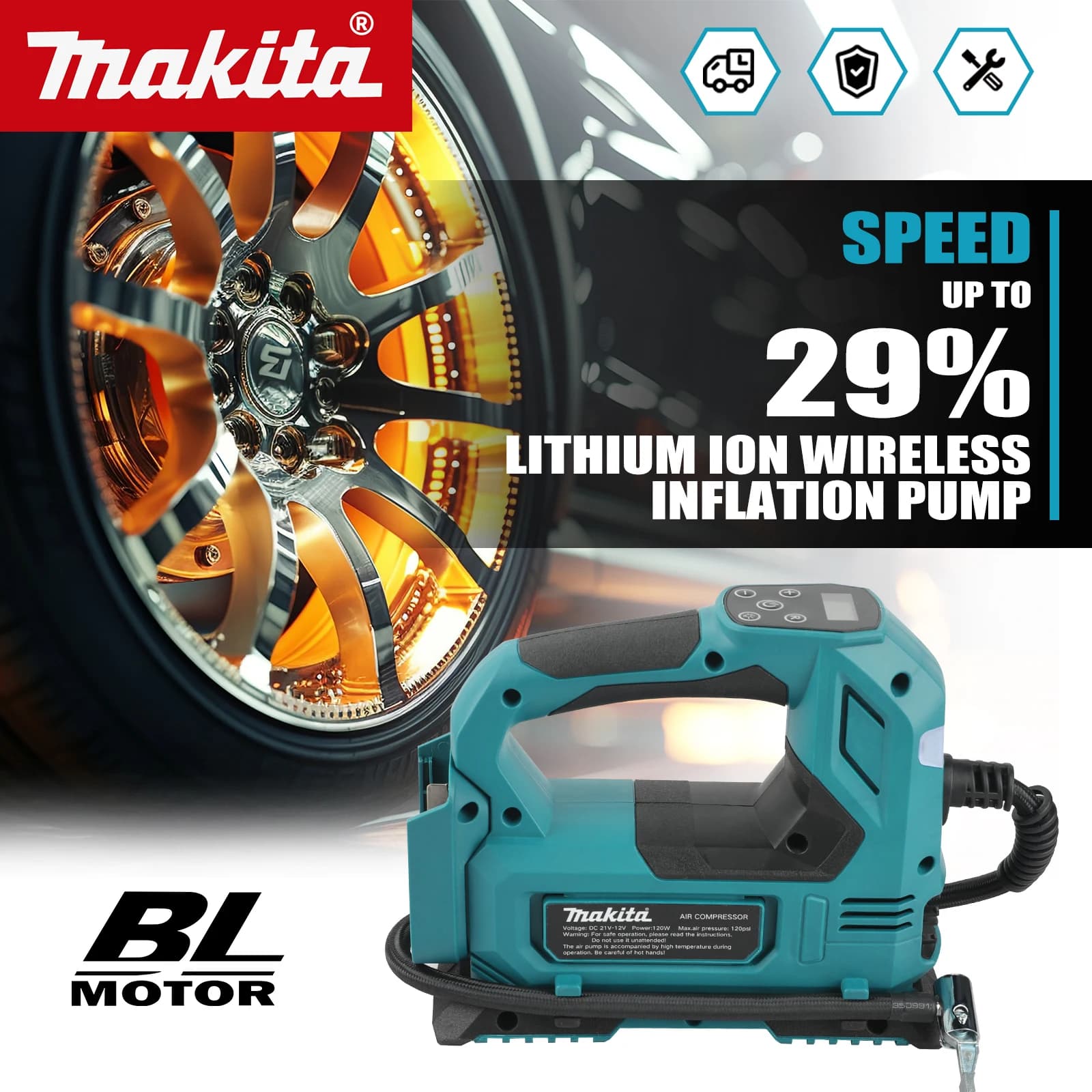 Compressore d'Aria Portatile Automatico Senza Fili Makita DYS59, Pompa Elettrica per Pneumatici Auto, Compatibile con Batterie Makita 18V