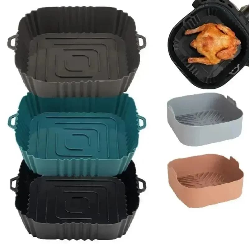 1PC silicone air frying basket, round square reusable pan coating for fried chicken cooking accessories with pizza