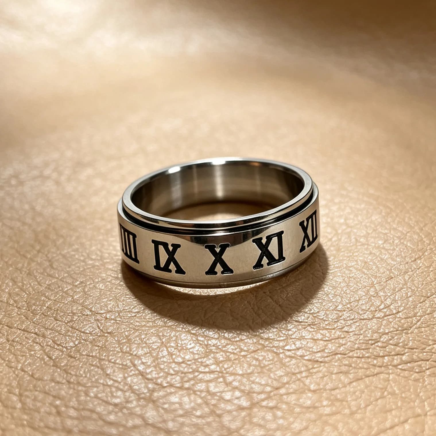 6mm Rotatable Stainless Steel Spinner Ring for Men Black Roman Numeral Engraved Anti-anxiety Fidget Band Jewelry Gift