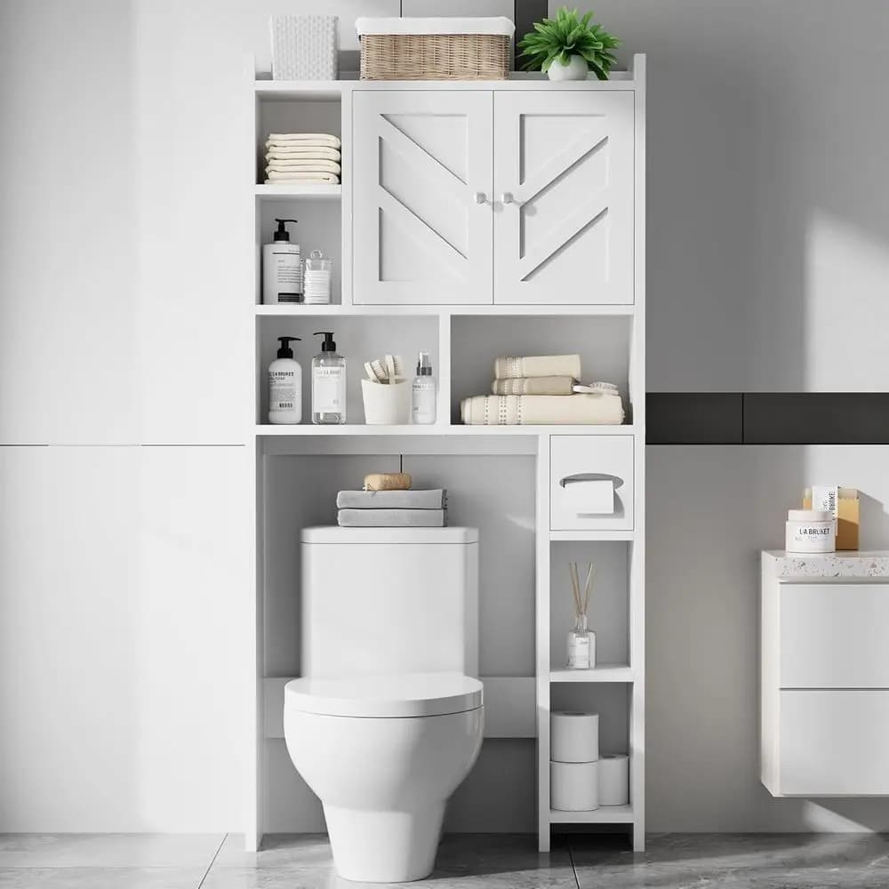 Mobiletto portaoggetti da posizionare sopra il WC, Armadietto organizer per bagno con porta carta igienica