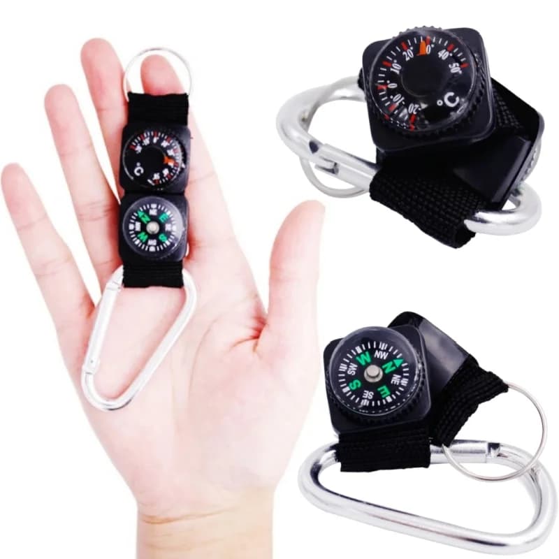 3 in 1 Attrezzi da esterno multifunzione Bussola Termometro Moschettone in metallo Fibbia da arrampicata Gadget pratici per escursioni all'aperto