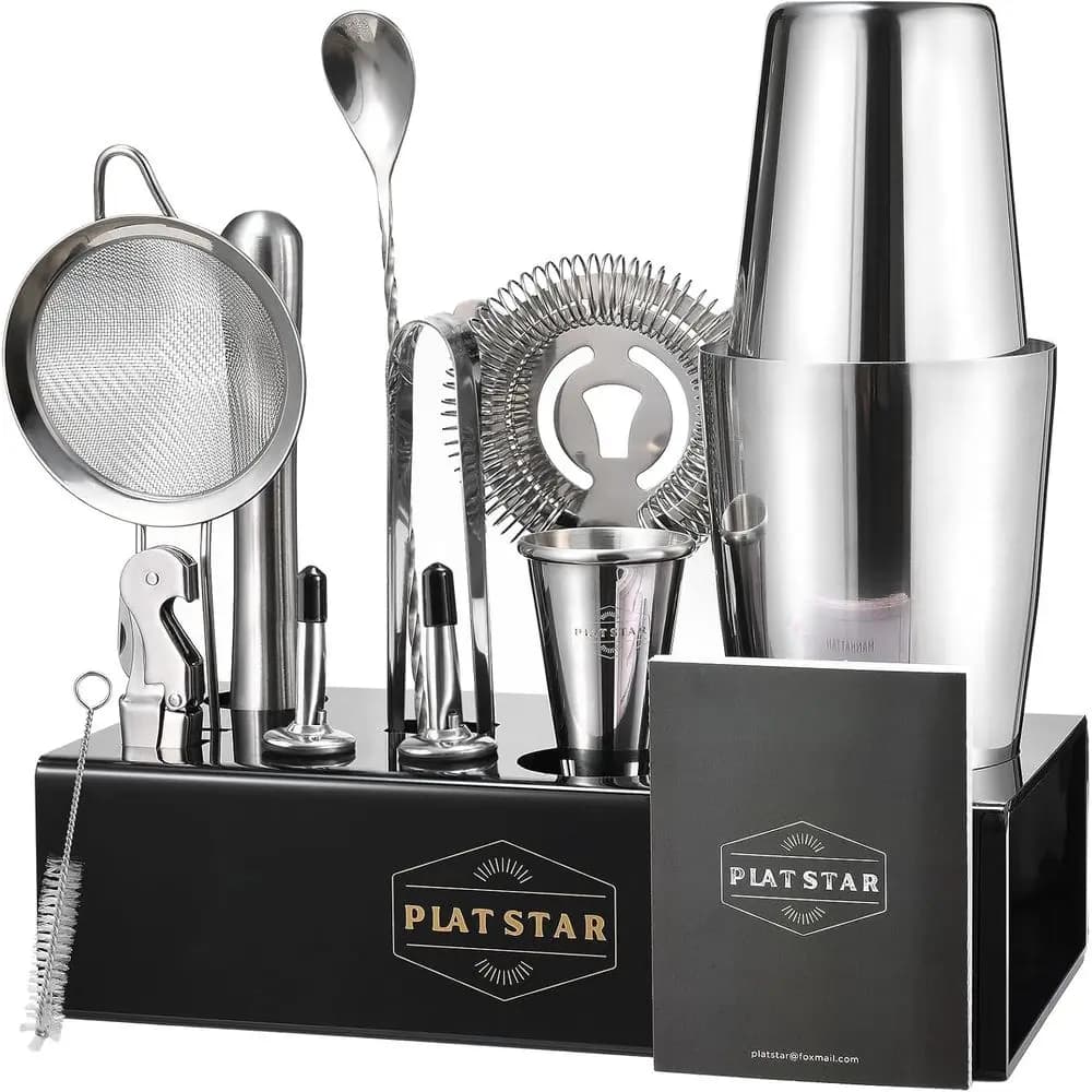 Kit Completo da Barman 7 Pezzi con Supporto - Set da Bar Domestico, Shaker per Cocktail, Boston Shaker, Utensili per Miscelare e Libro di Ricette