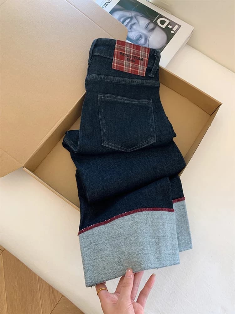 American Style High Waist Blue Straight Leg Jeans Women's Spring Loose Slim Wide Leg Floor Length Pants